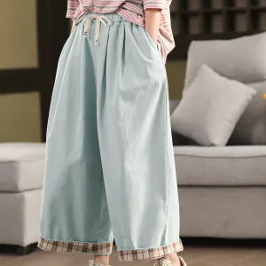 Women Spring Retro Cotton Patchwork Plaid Harem Pants