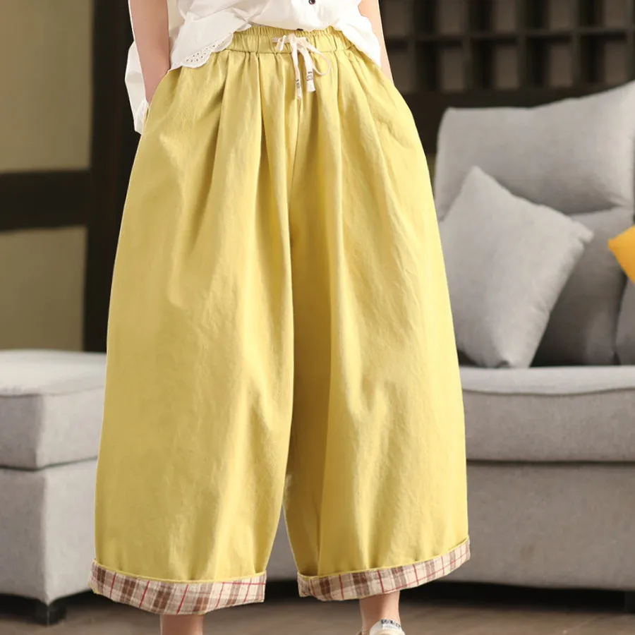 Women Spring Retro Cotton Patchwork Plaid Harem Pants