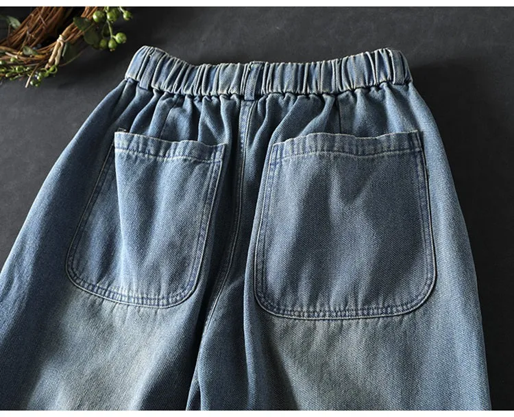 Women Spring Retro Denim Casual Loose Harem Pants