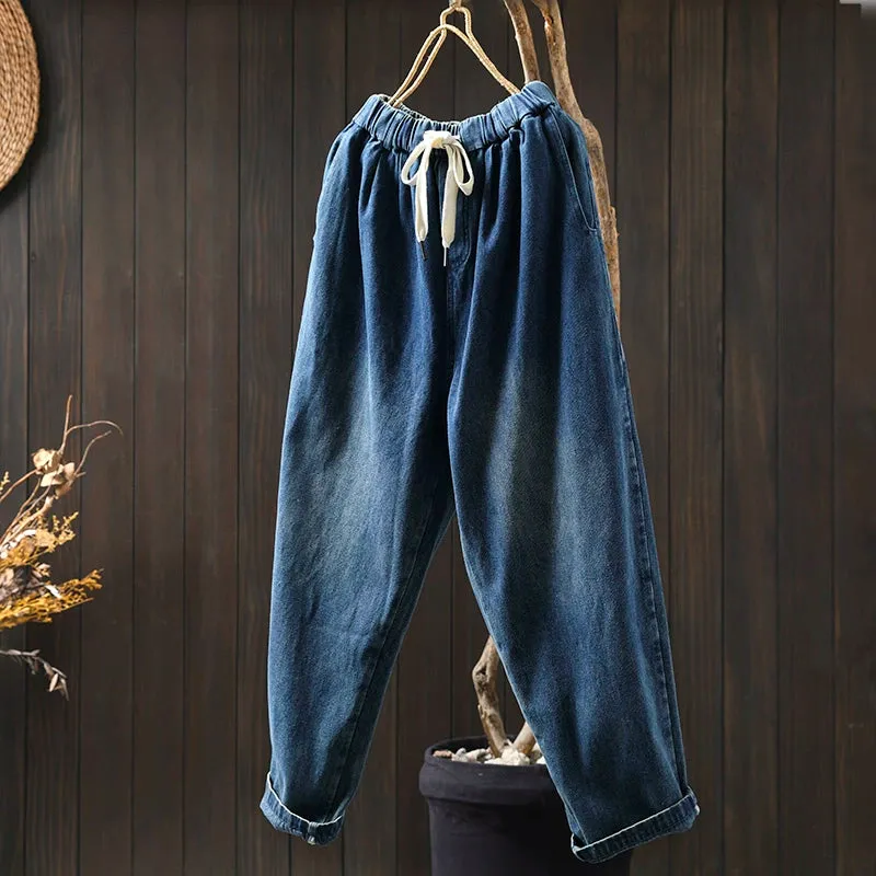 Women Spring Retro Denim Casual Loose Harem Pants
