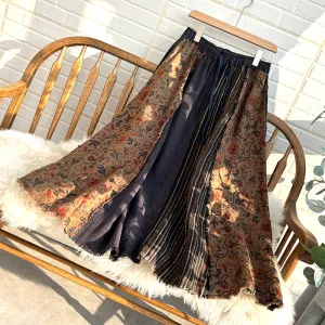 Women Spring Vintage Colorblock Linen Patchwork Skirt