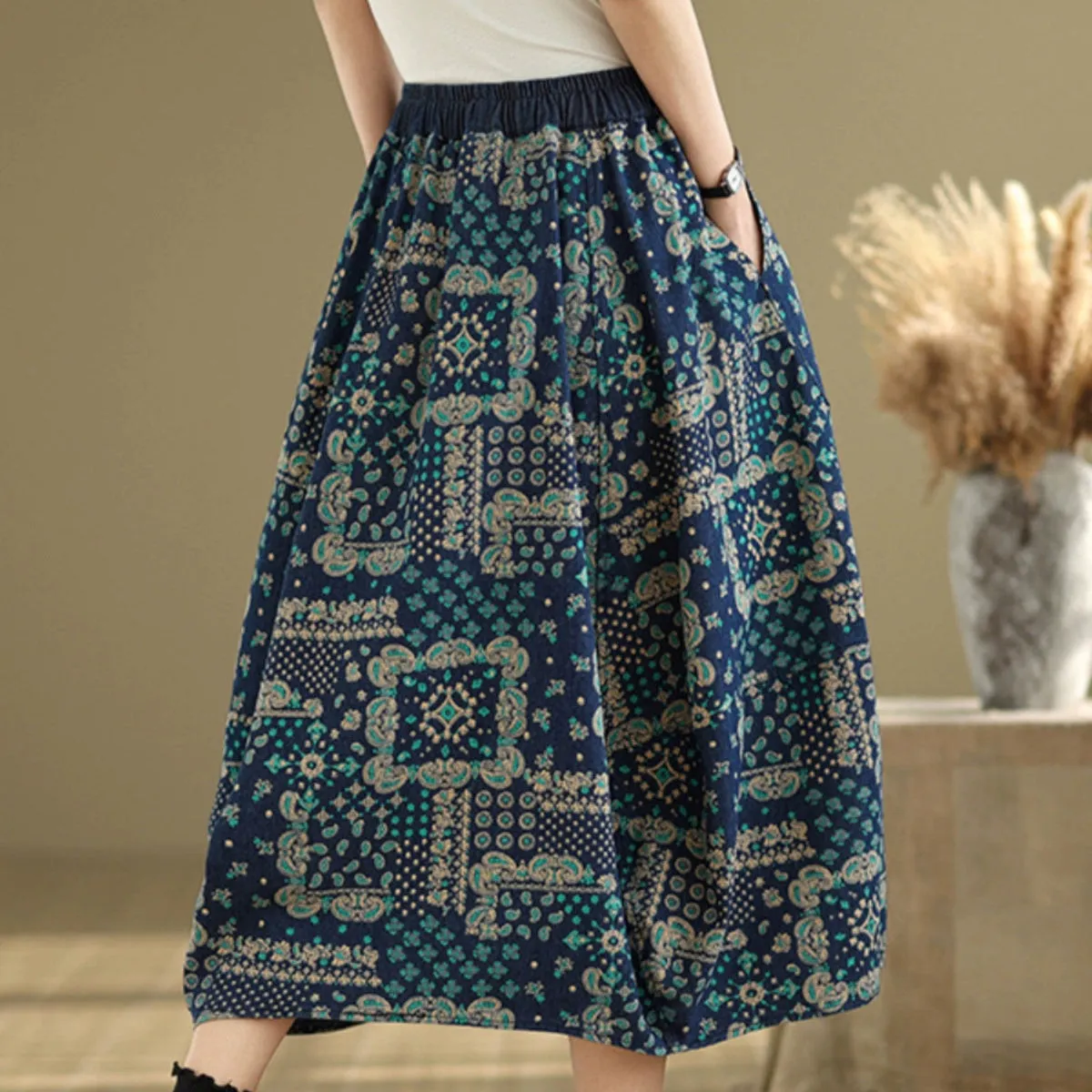 Women Spring Vintage Denim Printed Bubble Skirt