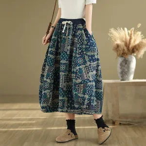Women Spring Vintage Denim Printed Bubble Skirt