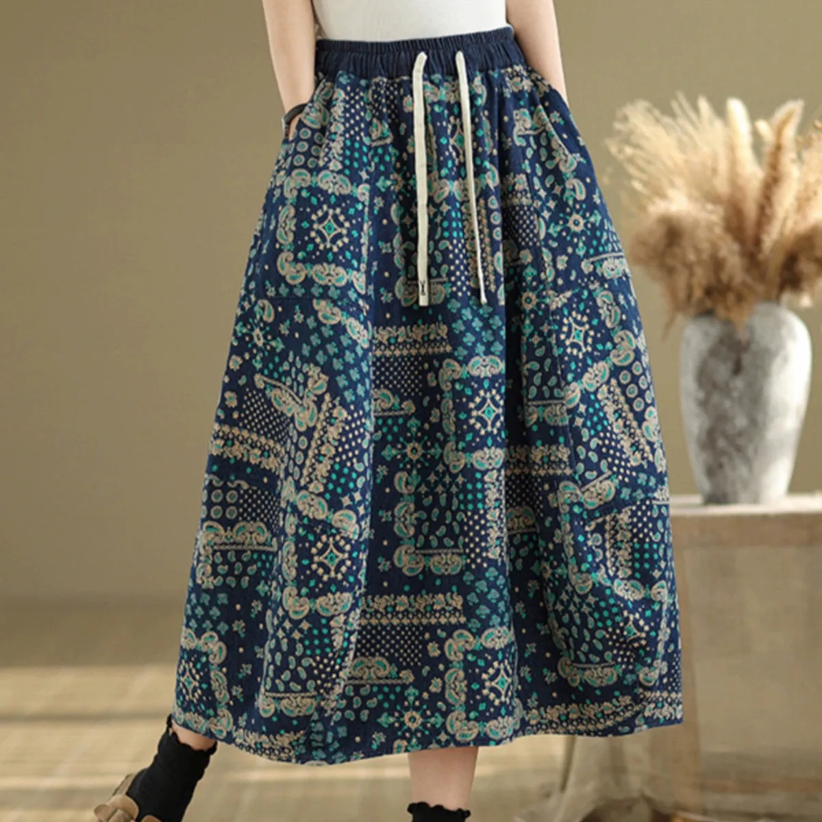 Women Spring Vintage Denim Printed Bubble Skirt