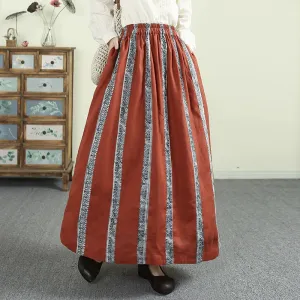 Women Spring Vintage Linen Patchwork Floral Color-Block Skirt