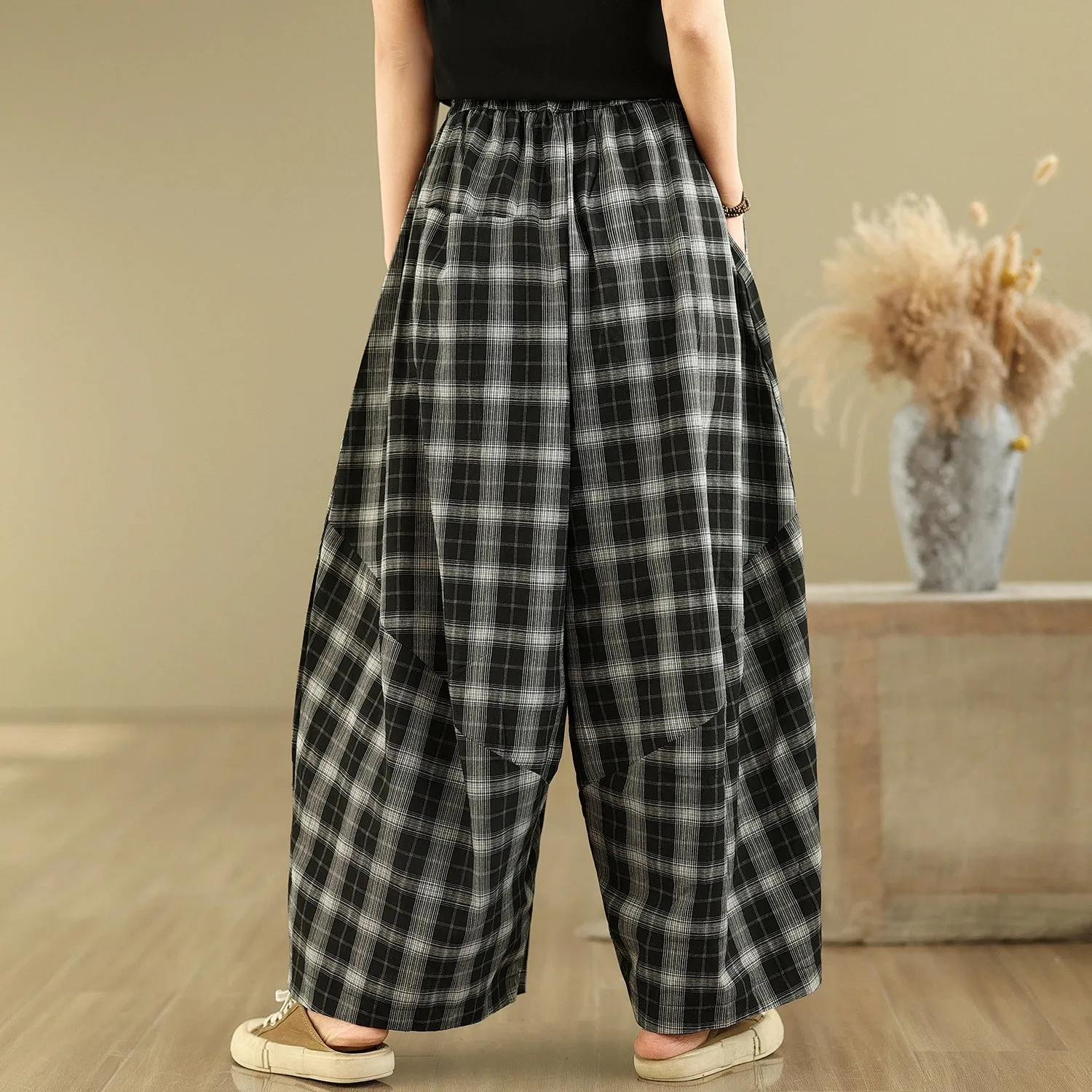 Women Summer Vintage Cotton Plaid Casual Harem Pants