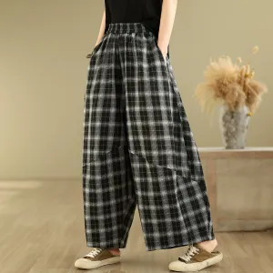Women Summer Vintage Cotton Plaid Casual Harem Pants