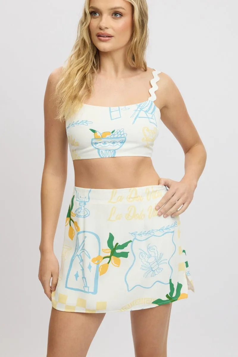 Yellow Abstract Mini Skirt High Waisted A Line