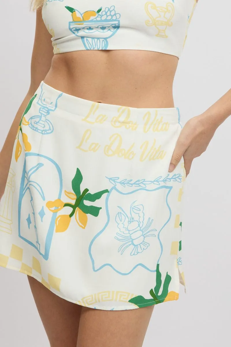 Yellow Abstract Mini Skirt High Waisted A Line